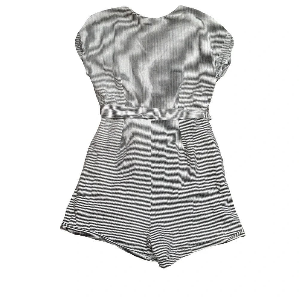 MANGO Striped Romper S/4 Linen Blend Button‎ Gray White Belted V Neck Cap Sleeve